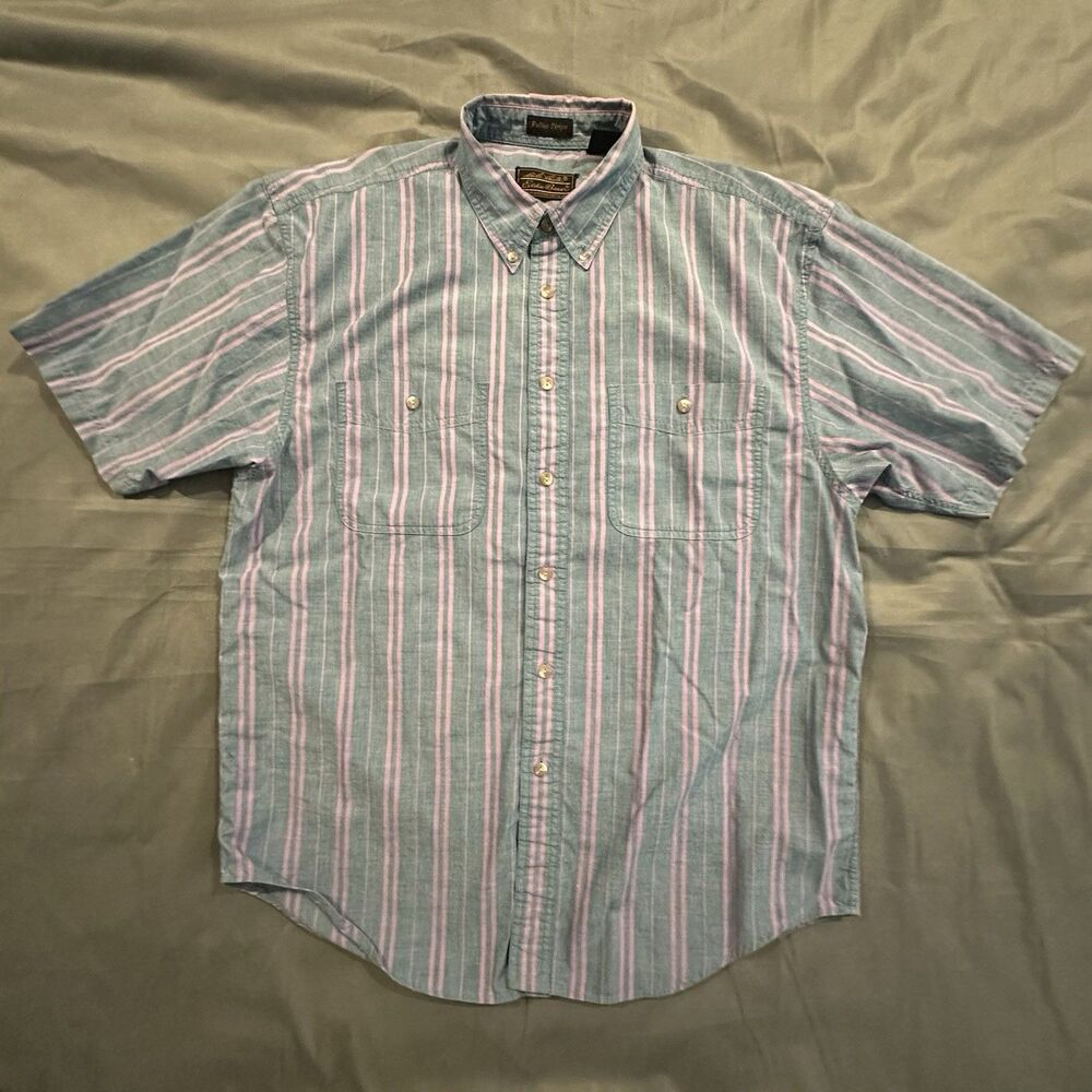 Vintage 90s Eddie Bauer Rufton Stripe Shirt Button Up Mens L Blue Pink Made USA
